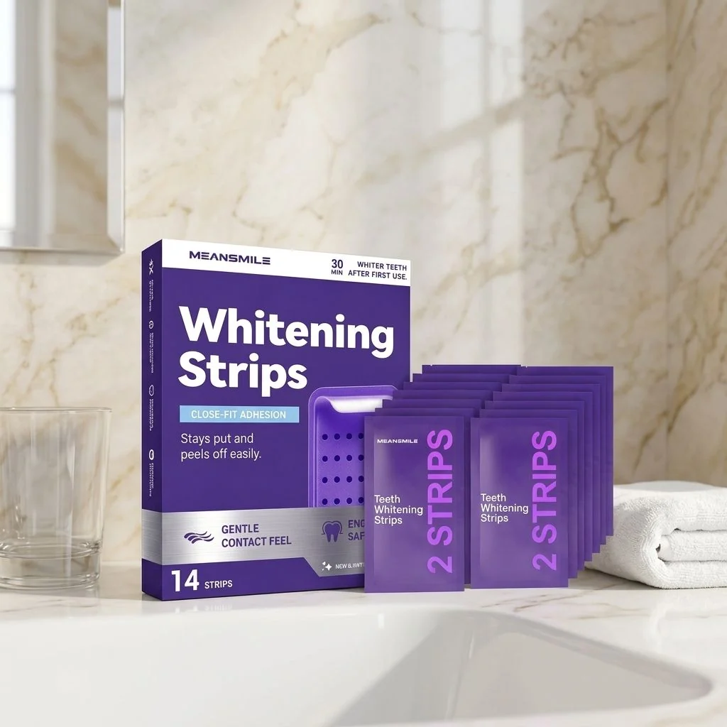 Erica Beauty Purple Bright Teeth Whitening Strips box with strip pouches on a bathroom counter